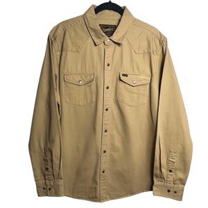 Howler Brothers Sawhorse Work Shirt Snap Button Long Sleeve Herringbone Fawn Tan